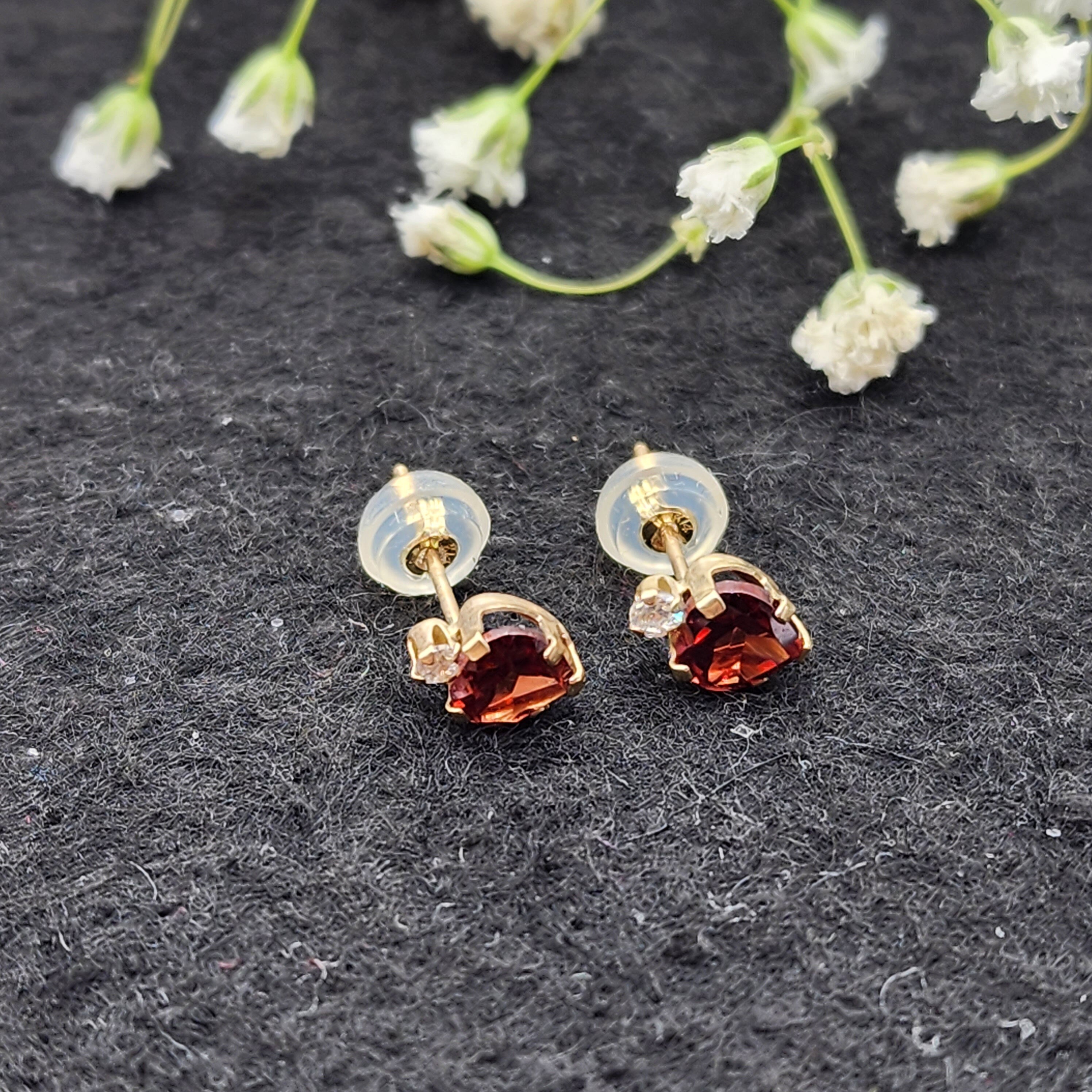 10K Yellow Gold Heart Garnet Stud Earrings, January Birthstone