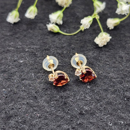 10K Yellow Gold Heart Garnet Stud Earrings, January Birthstone