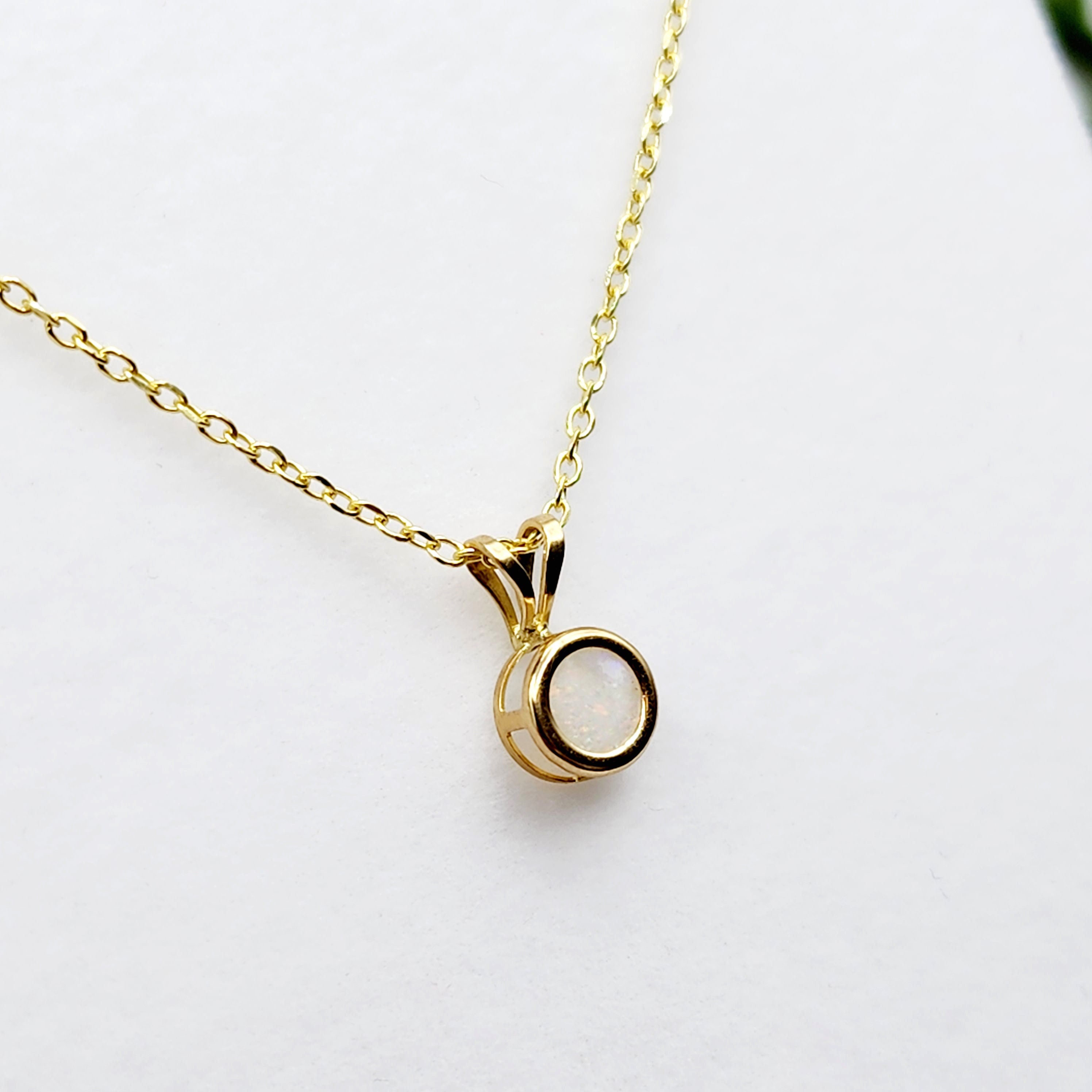 Gold Opal Pendant Necklace, 14K Yellow Gold Genuine Oval Opal 5x5mm Bezel Pendant Necklace, Affordable Jewelry, October Birthstone