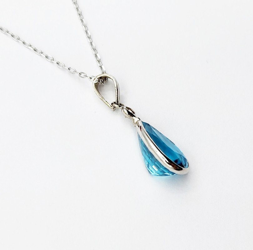 14K Gold Blue Zircon Pendant Necklace, 14K White Gold Blue Zircon 10x6mm With Diamond Pendant for Women