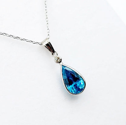 14K Gold Blue Zircon Pendant Necklace, 14K White Gold Blue Zircon 10x6mm With Diamond Pendant for Women
