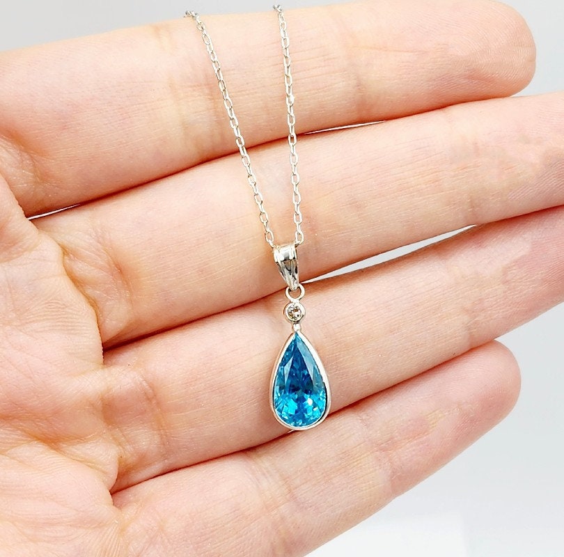 14K Gold Blue Zircon Pendant Necklace, 14K White Gold Blue Zircon 10x6mm With Diamond Pendant for Women