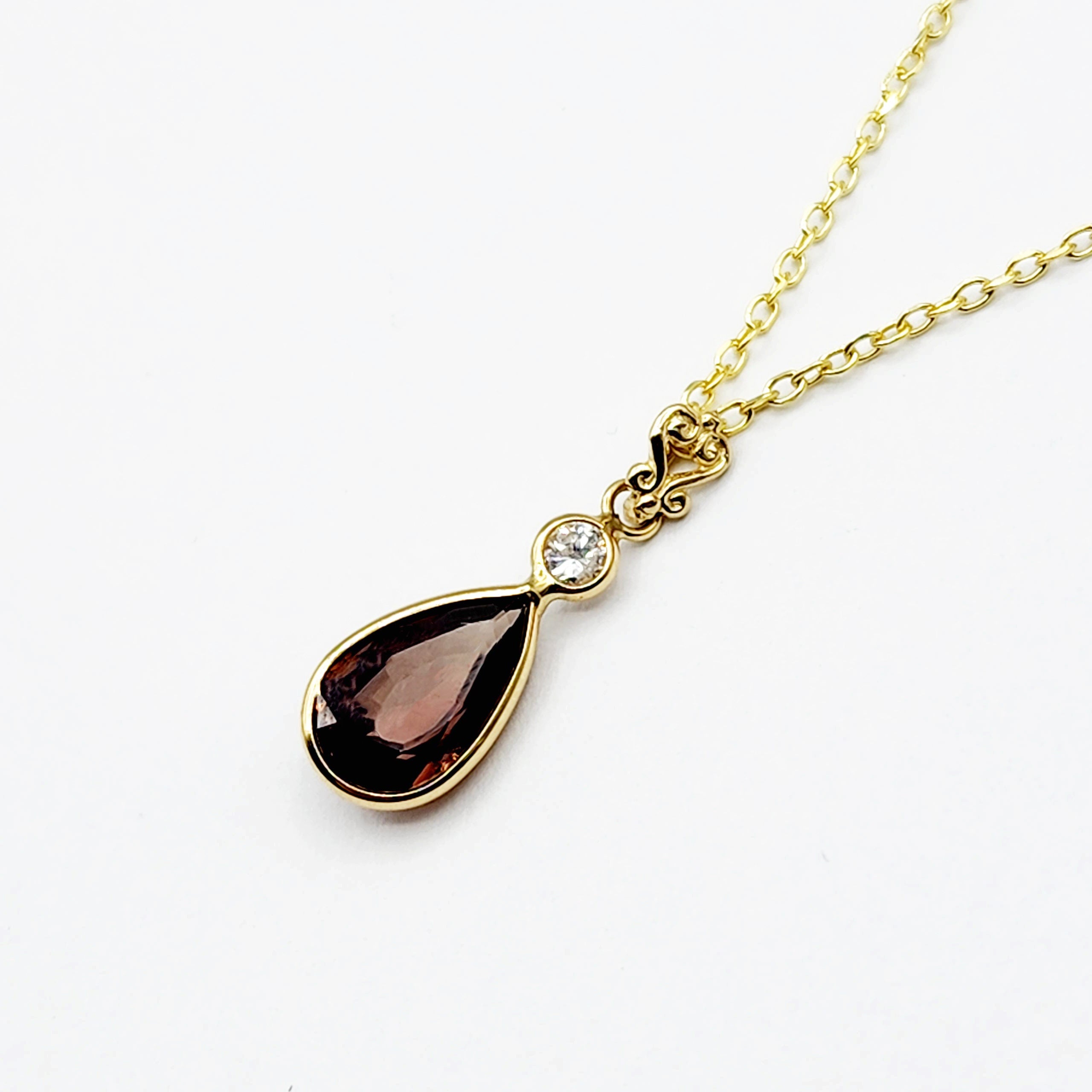 14K Yellow Gold Natural Brown Sapphire 9x6mm with Diamond Pendant