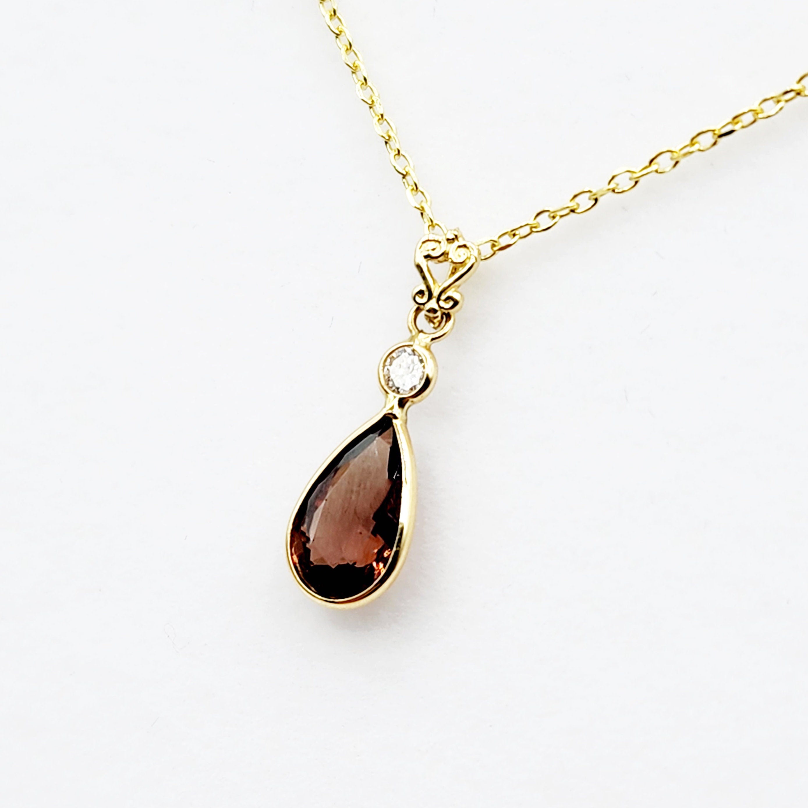 14K Yellow Gold Natural Brown Sapphire 9x6mm with Diamond Pendant