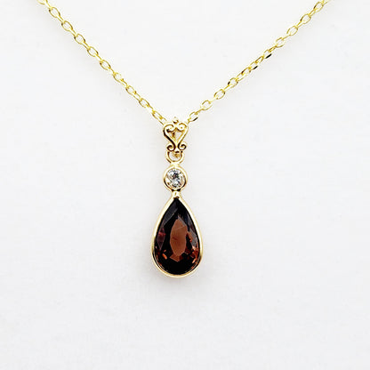 14K Yellow Gold Natural Brown Sapphire 9x6mm with Diamond Pendant