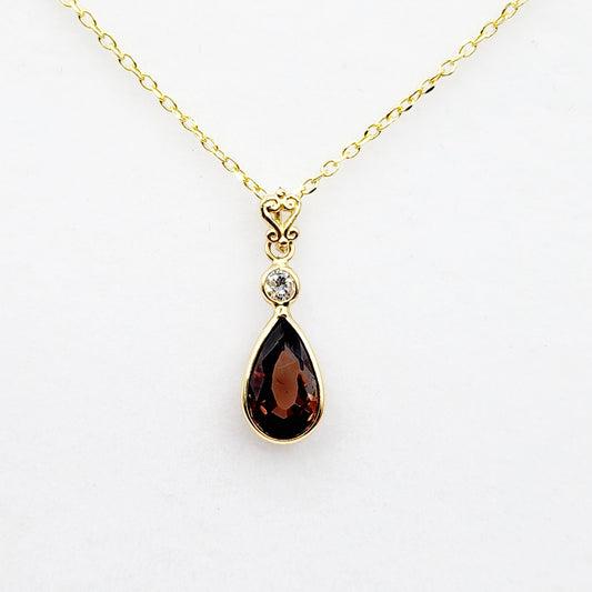 14K Yellow Gold Natural Brown Sapphire 9x6mm with Diamond Pendant