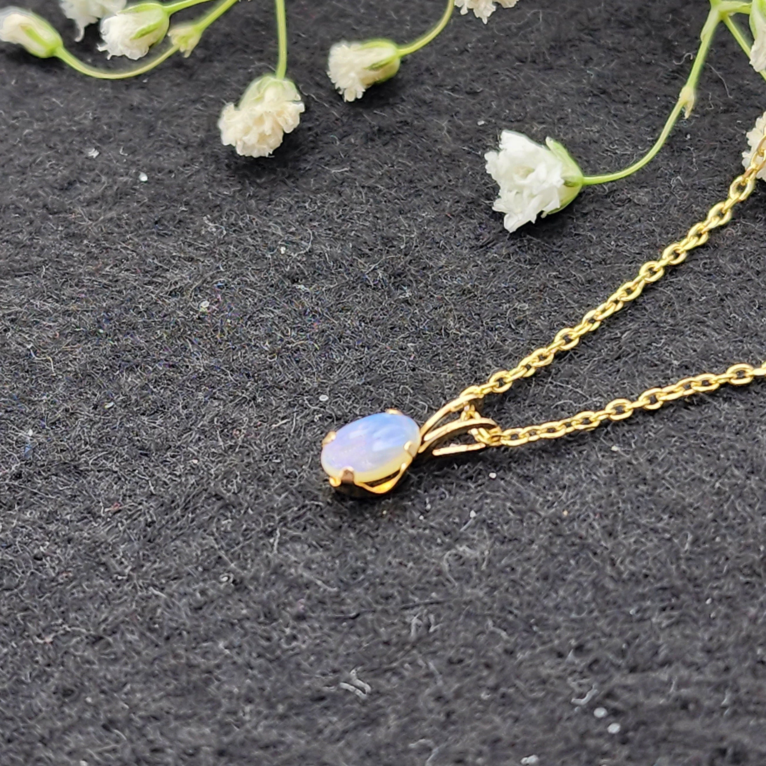 14K Yellow Gold Genuine Opal 6x4mm Pendant, October Birthstone, White Opal Charm, Handmade Pendant, Pendant For Girls