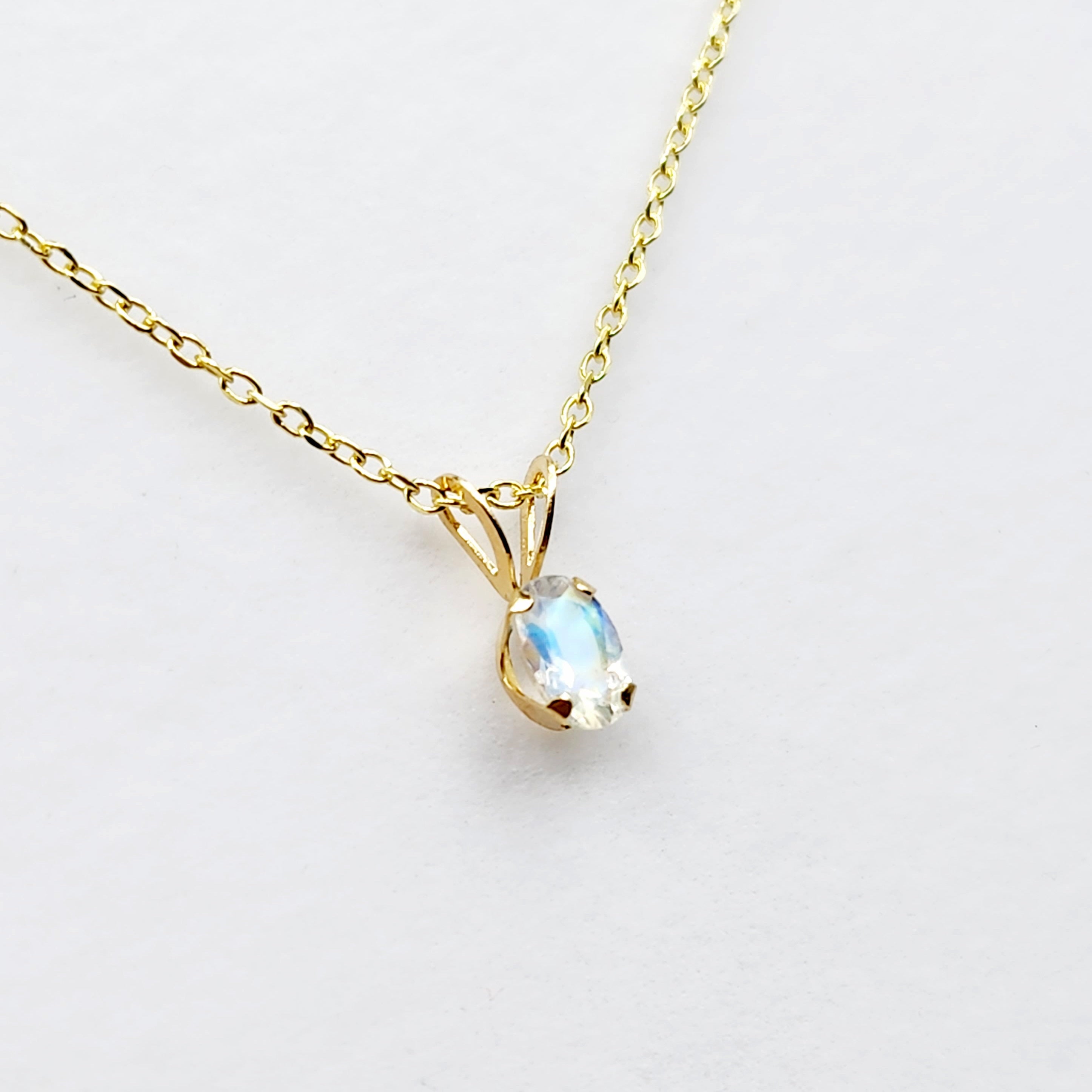 14K Yellow Gold Genuine Moonstone 6x4mm Pendant, Natural Gemstone Charm, Handmade Pendant, Pendant Gift For Girls