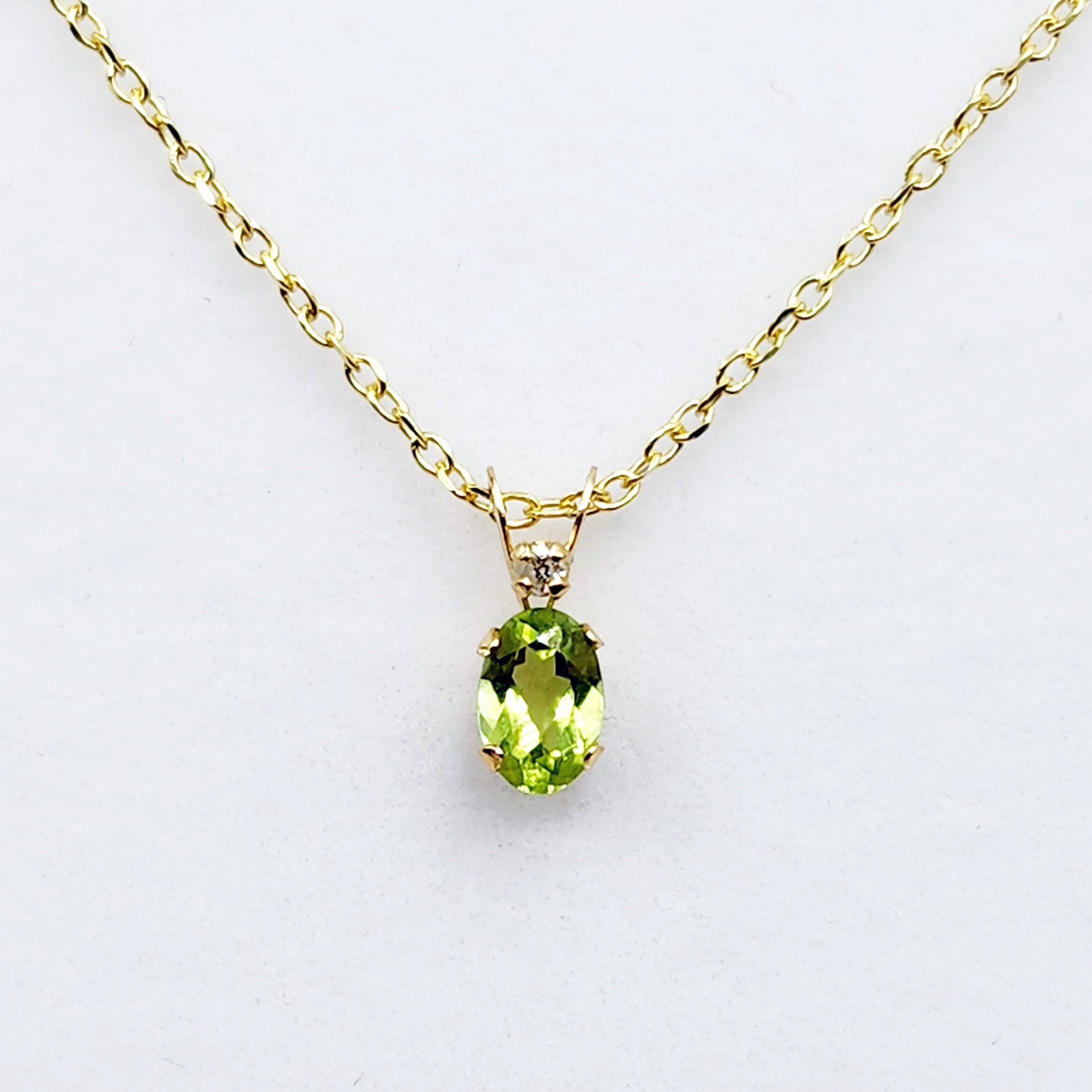14K Yellow Gold Peridot 6x4mm with Diamond Pendant, August Birthstone, Green Stone Charm, Handmade Pendant, Pendant For Girls