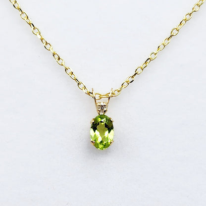 14K Yellow Gold Peridot 6x4mm with Diamond Pendant, August Birthstone, Green Stone Charm, Handmade Pendant, Pendant For Girls