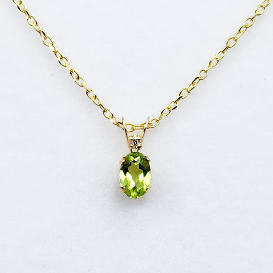 14K Yellow Gold Peridot 6x4mm with Diamond Pendant, August Birthstone, Green Stone Charm, Handmade Pendant, Pendant For Girls