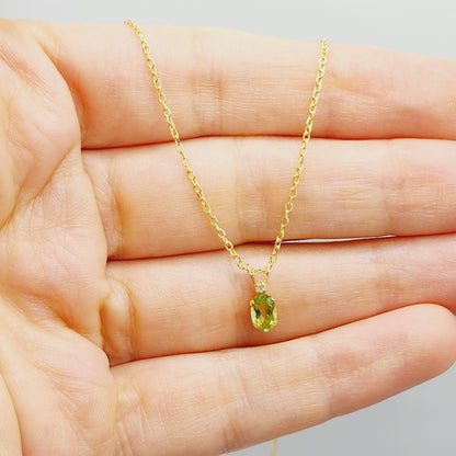 14K Yellow Gold Peridot 6x4mm with Diamond Pendant, August Birthstone, Green Stone Charm, Handmade Pendant, Pendant For Girls