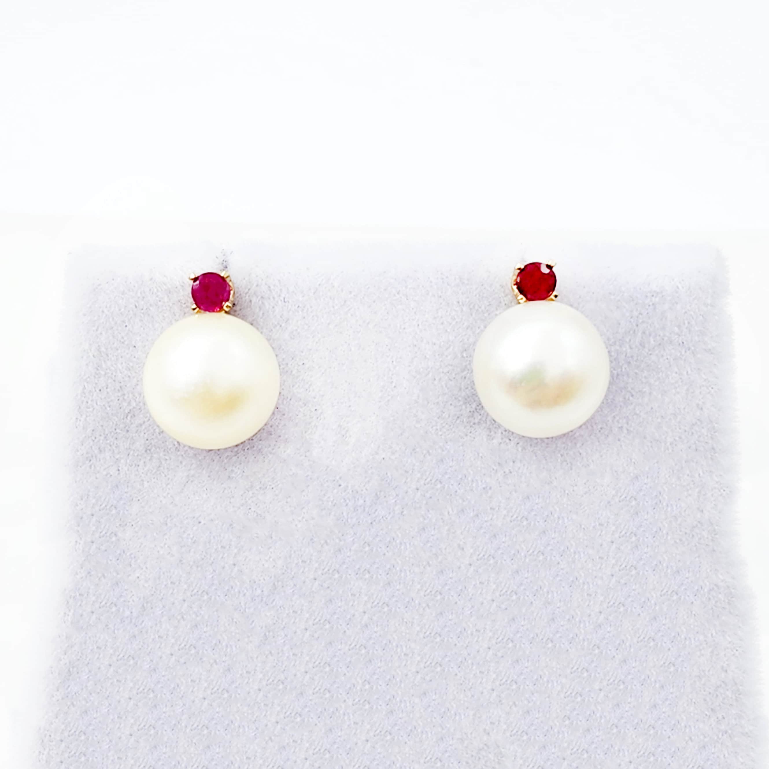 Gold Pearl and Ruby Stud Earrings , 14K Yellow Gold Genuine Pearl 7.5mm with Ruby Stud Earrings, June Birthstone, Pearl Studs For Brides