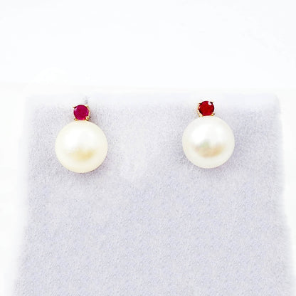 Gold Pearl and Ruby Stud Earrings , 14K Yellow Gold Genuine Pearl 7.5mm with Ruby Stud Earrings, June Birthstone, Pearl Studs For Brides