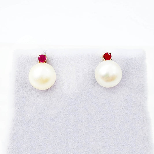Gold Pearl and Ruby Stud Earrings , 14K Yellow Gold Genuine Pearl 7.5mm with Ruby Stud Earrings, June Birthstone, Pearl Studs For Brides