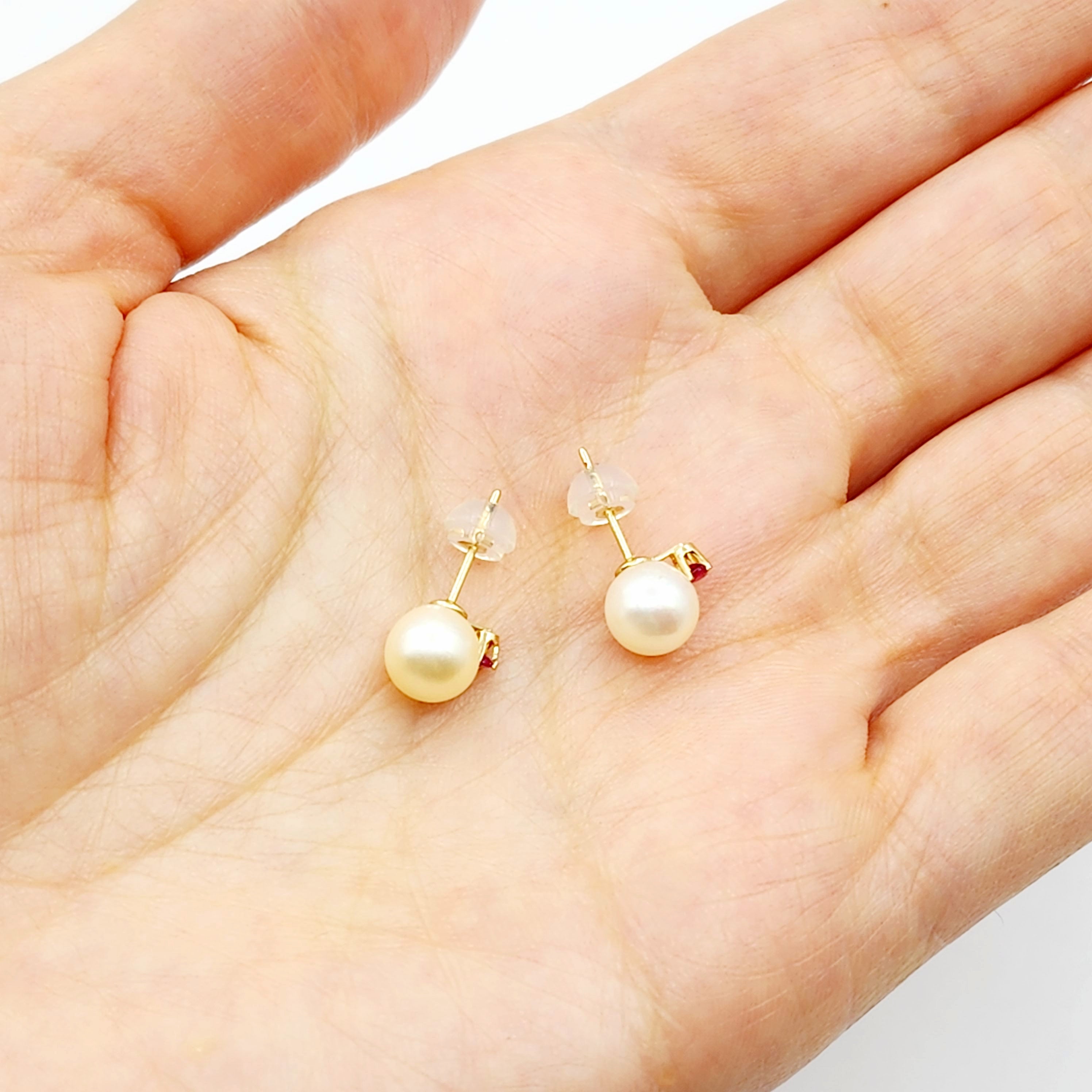 Gold Pearl and Ruby Stud Earrings , 14K Yellow Gold Genuine Pearl 7.5mm with Ruby Stud Earrings, June Birthstone, Pearl Studs For Brides