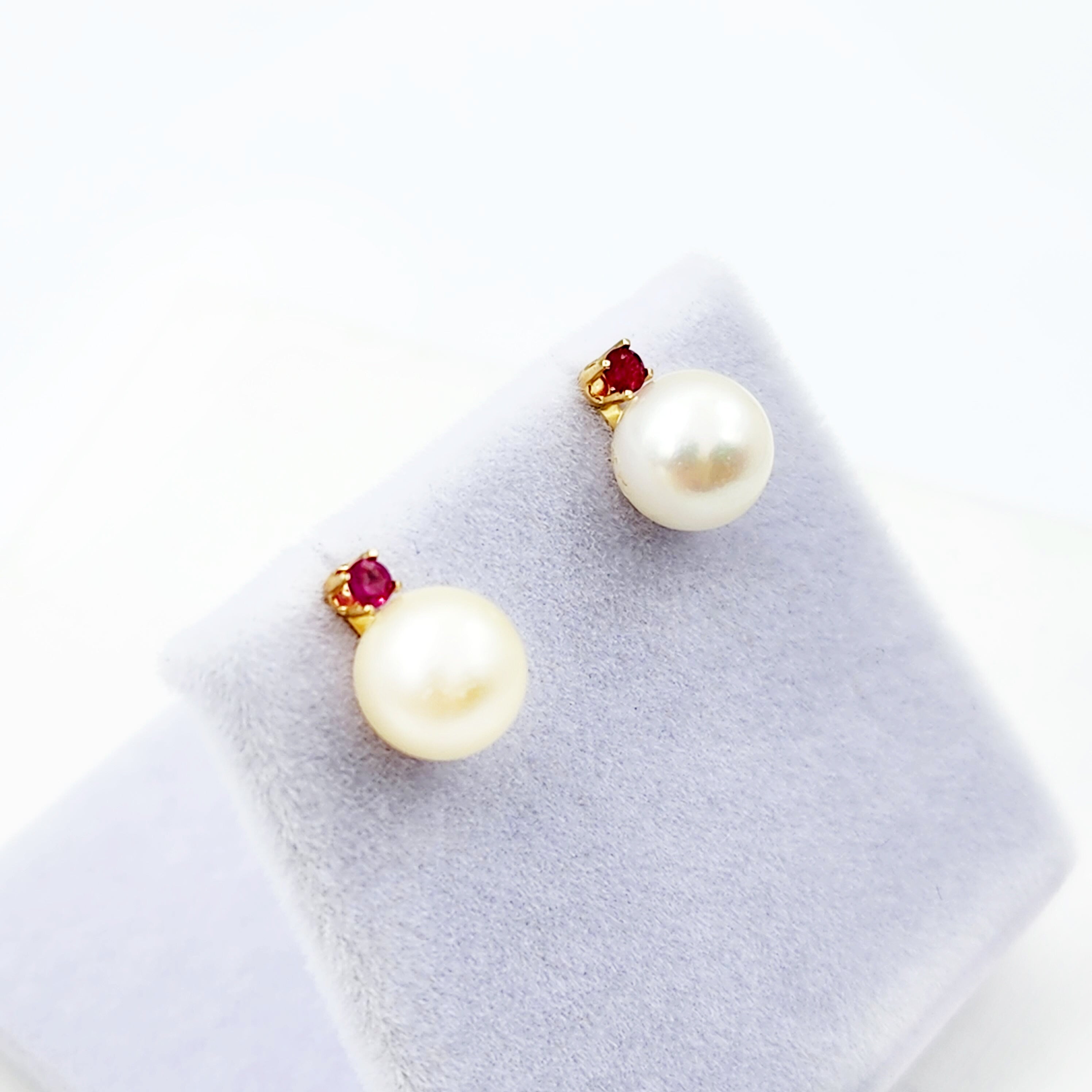Gold Pearl and Ruby Stud Earrings , 14K Yellow Gold Genuine Pearl 7.5mm with Ruby Stud Earrings, June Birthstone, Pearl Studs For Brides