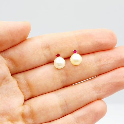 Gold Pearl and Ruby Stud Earrings , 14K Yellow Gold Genuine Pearl 7.5mm with Ruby Stud Earrings, June Birthstone, Pearl Studs For Brides