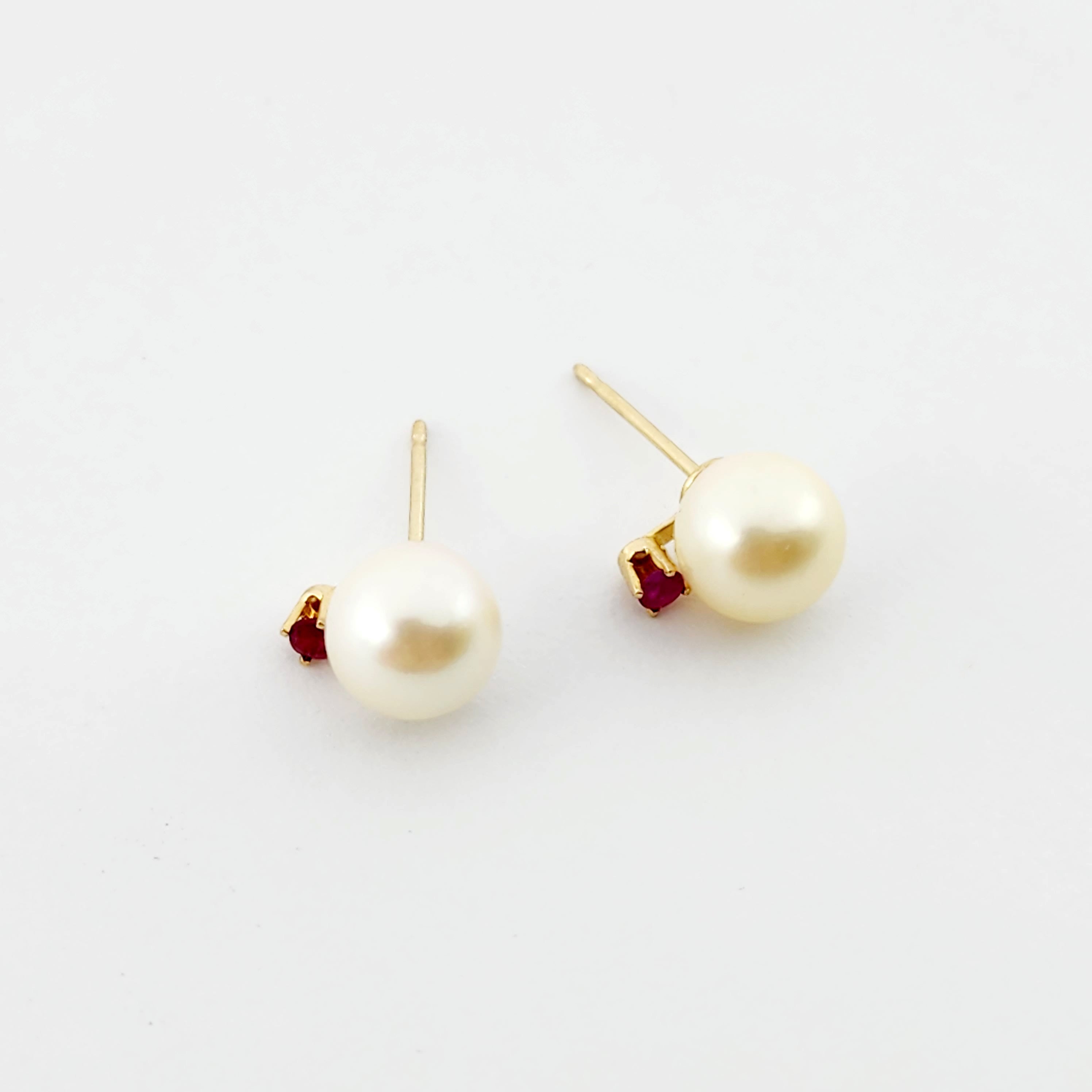 Gold Pearl and Ruby Stud Earrings , 14K Yellow Gold Genuine Pearl 7.5mm with Ruby Stud Earrings, June Birthstone, Pearl Studs For Brides