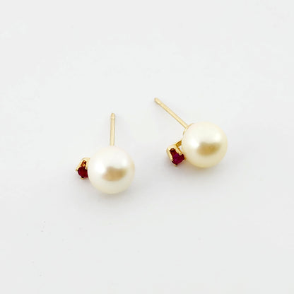 Gold Pearl and Ruby Stud Earrings , 14K Yellow Gold Genuine Pearl 7.5mm with Ruby Stud Earrings, June Birthstone, Pearl Studs For Brides