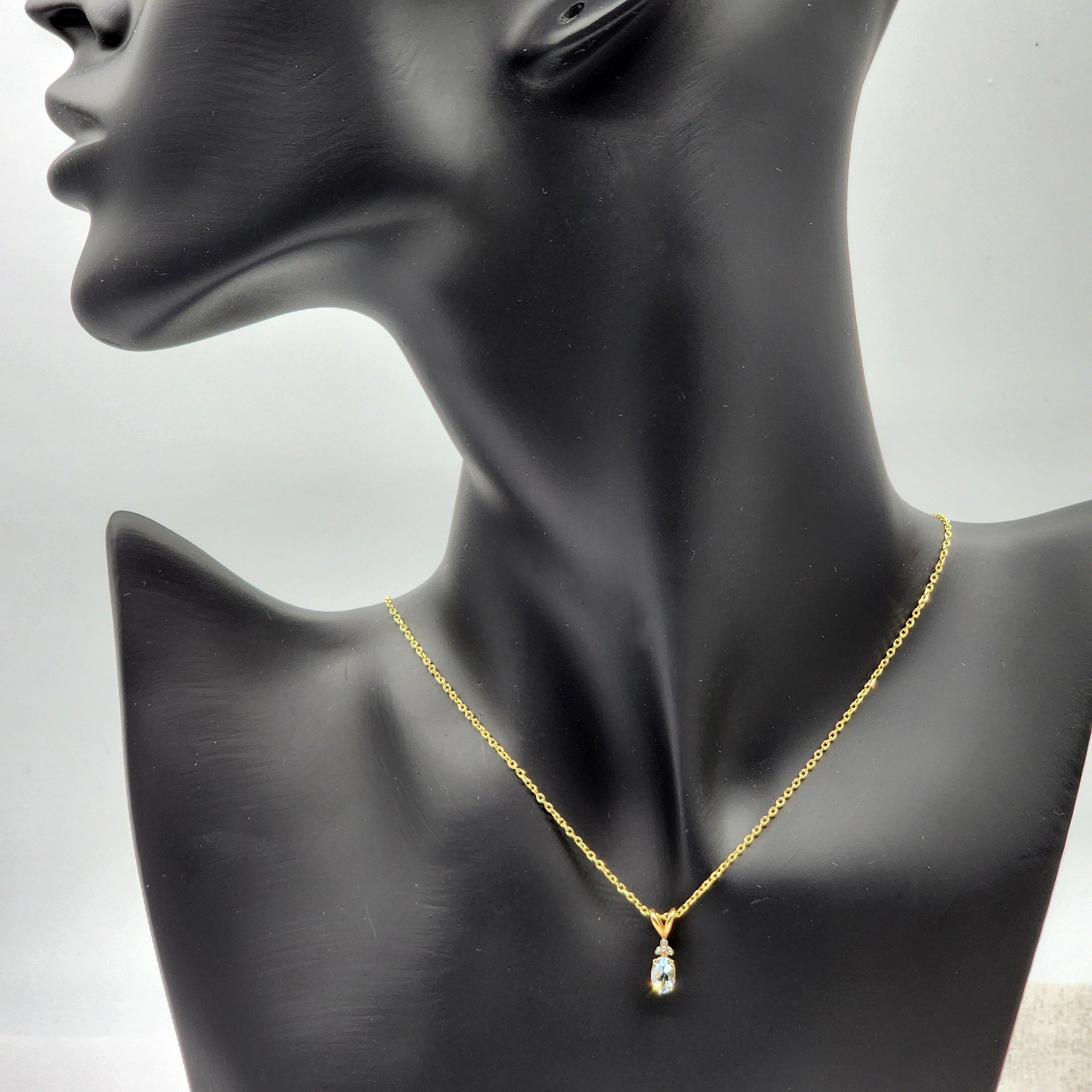10K Yellow Gold Aquamarine with Diamond Pendant, Gold Natural Aquamarine 6x4mm Necklace, March Birthstone Gift For Women Girls