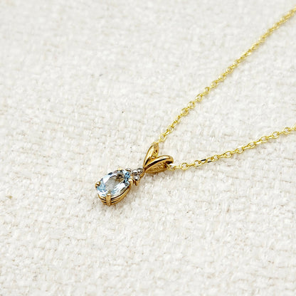 10K Yellow Gold Aquamarine with Diamond Pendant, Gold Natural Aquamarine 6x4mm Necklace, March Birthstone Gift For Women Girls