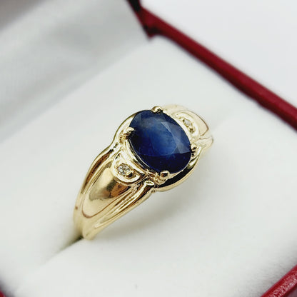 Gold Sapphire Ring, 10K Yellow Gold Natural Blue Sapphire 8x6mm with Diamond Ring for Women, September Birthstone, Birthday Gift for her