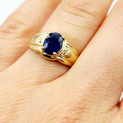 Gold Sapphire Ring, 10K Yellow Gold Natural Blue Sapphire 8x6mm with Diamond Ring for Women, September Birthstone, Birthday Gift for her