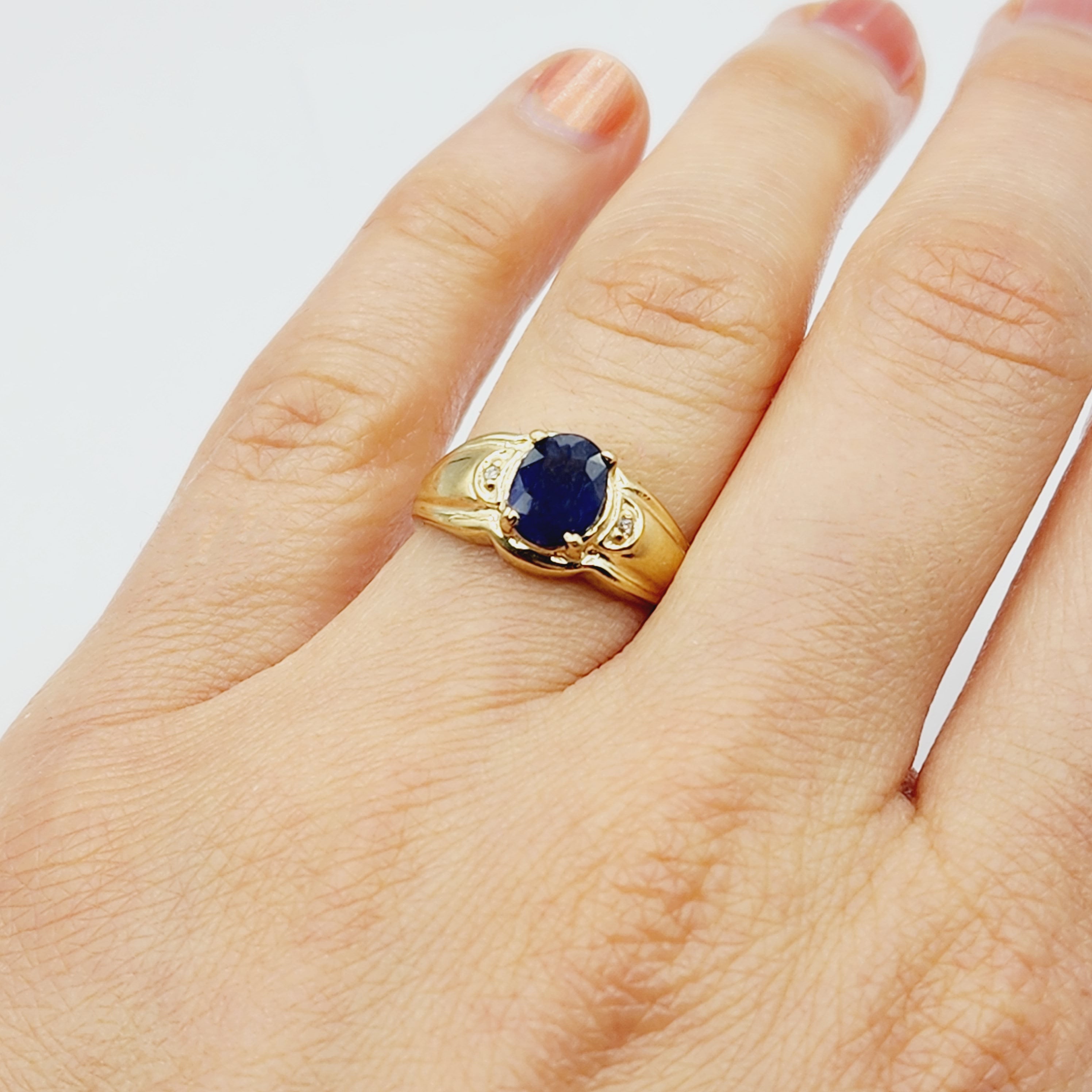 Gold Sapphire Ring, 10K Yellow Gold Natural Blue Sapphire 8x6mm with Diamond Ring for Women, September Birthstone, Birthday Gift for her
