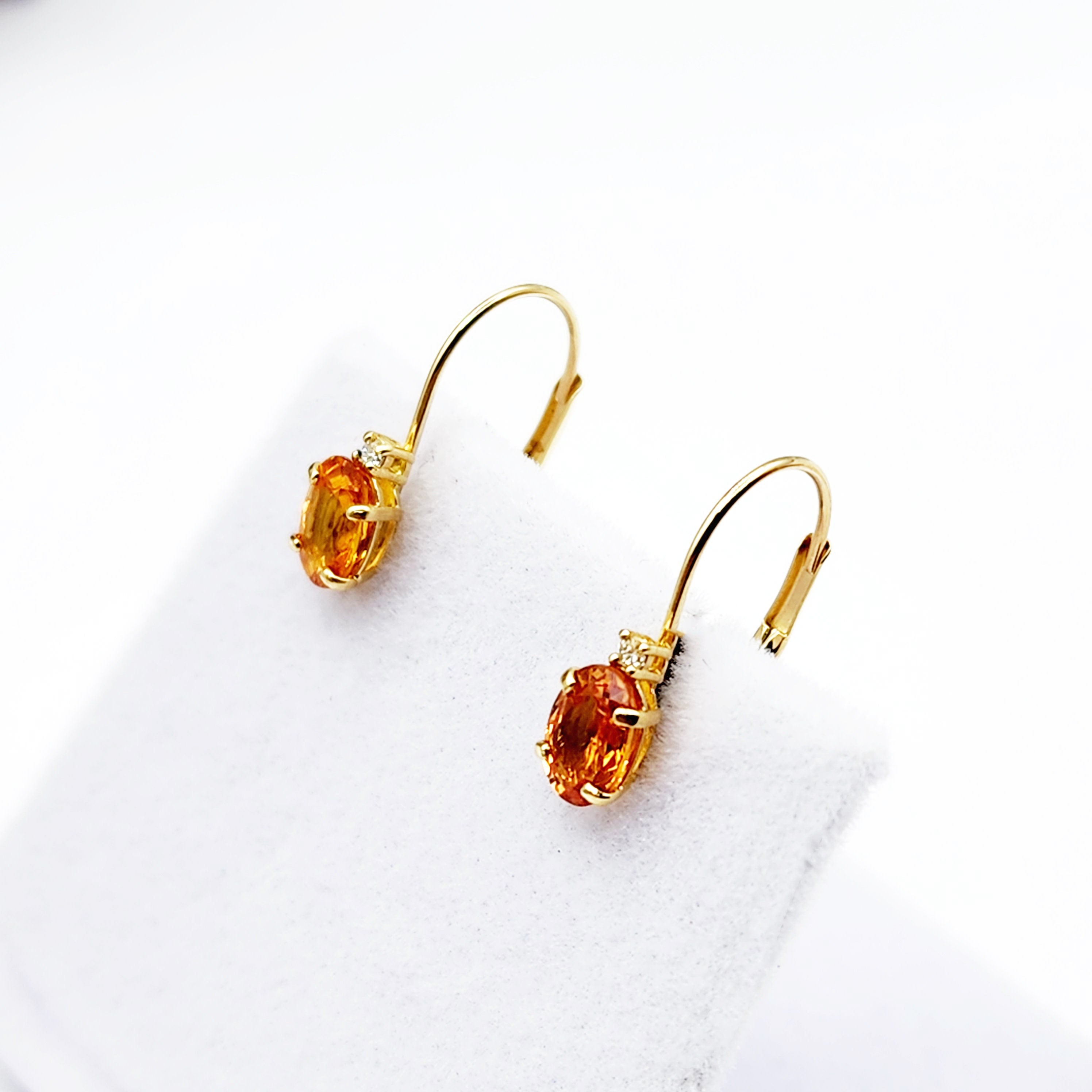 14K Yellow Gold Leverback Yellow Sapphire Earrings, Gold Earrings with Genuine Gemstone 6x4mm and Diamonds, Birthstone Gift for Her