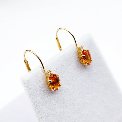 14K Yellow Gold Leverback Yellow Sapphire Earrings, Gold Earrings with Genuine Gemstone 6x4mm and Diamonds, Birthstone Gift for Her