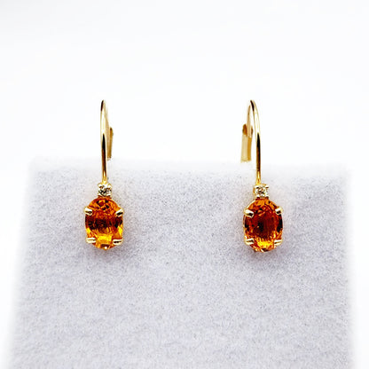 14K Yellow Gold Leverback Yellow Sapphire Earrings, Gold Earrings with Genuine Gemstone 6x4mm and Diamonds, Birthstone Gift for Her