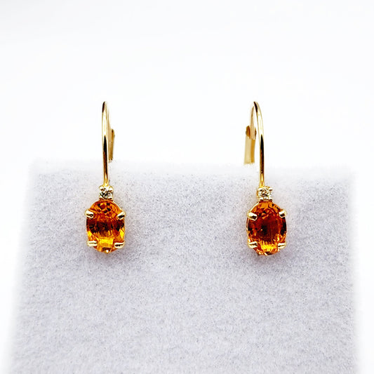 14K Yellow Gold Leverback Yellow Sapphire Earrings, Gold Earrings with Genuine Gemstone 6x4mm and Diamonds, Birthstone Gift for Her