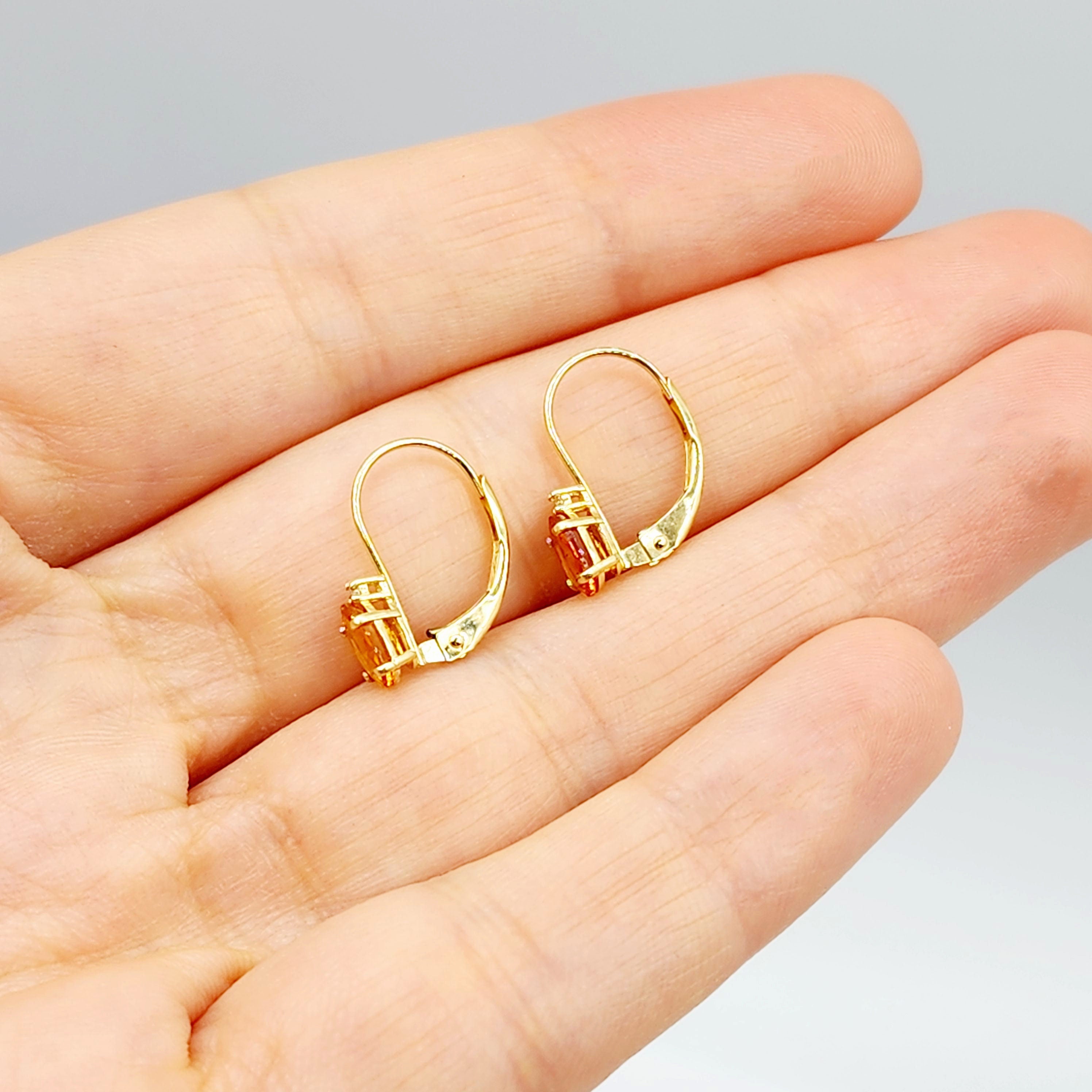 14K Yellow Gold Leverback Yellow Sapphire Earrings, Gold Earrings with Genuine Gemstone 6x4mm and Diamonds, Birthstone Gift for Her