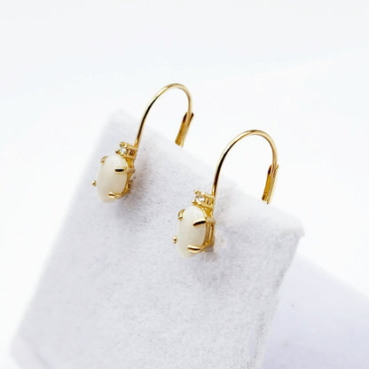 14K Yellow Gold Lever back Opal Earrings, Gold Earrings with Genuine Gemstone 6x4mm and Diamonds, Birthstone Gift for Her