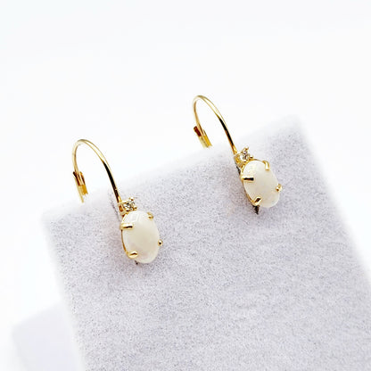 14K Yellow Gold Lever back Opal Earrings, Gold Earrings with Genuine Gemstone 6x4mm and Diamonds, Birthstone Gift for Her