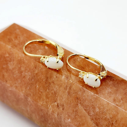 14K Yellow Gold Lever back Opal Earrings, Gold Earrings with Genuine Gemstone 6x4mm and Diamonds, Birthstone Gift for Her