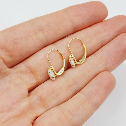 14K Yellow Gold Lever back Opal Earrings, Gold Earrings with Genuine Gemstone 6x4mm and Diamonds, Birthstone Gift for Her