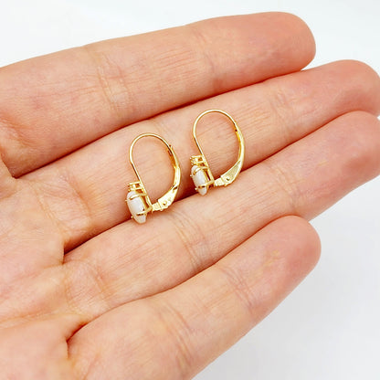 14K Yellow Gold Lever back Opal Earrings, Gold Earrings with Genuine Gemstone 6x4mm and Diamonds, Birthstone Gift for Her