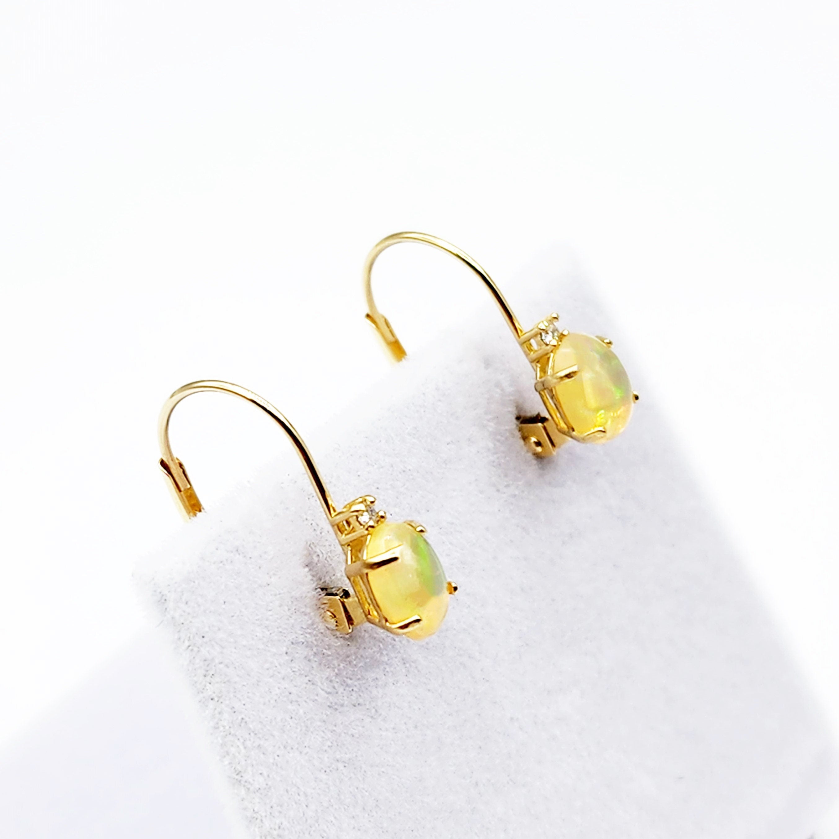 14K Yellow Gold Lever back Ethiopian Opal Earrings, Gold Earrings with Genuine Gemstone 6x4mm and Diamonds, Birthstone Gift for Her