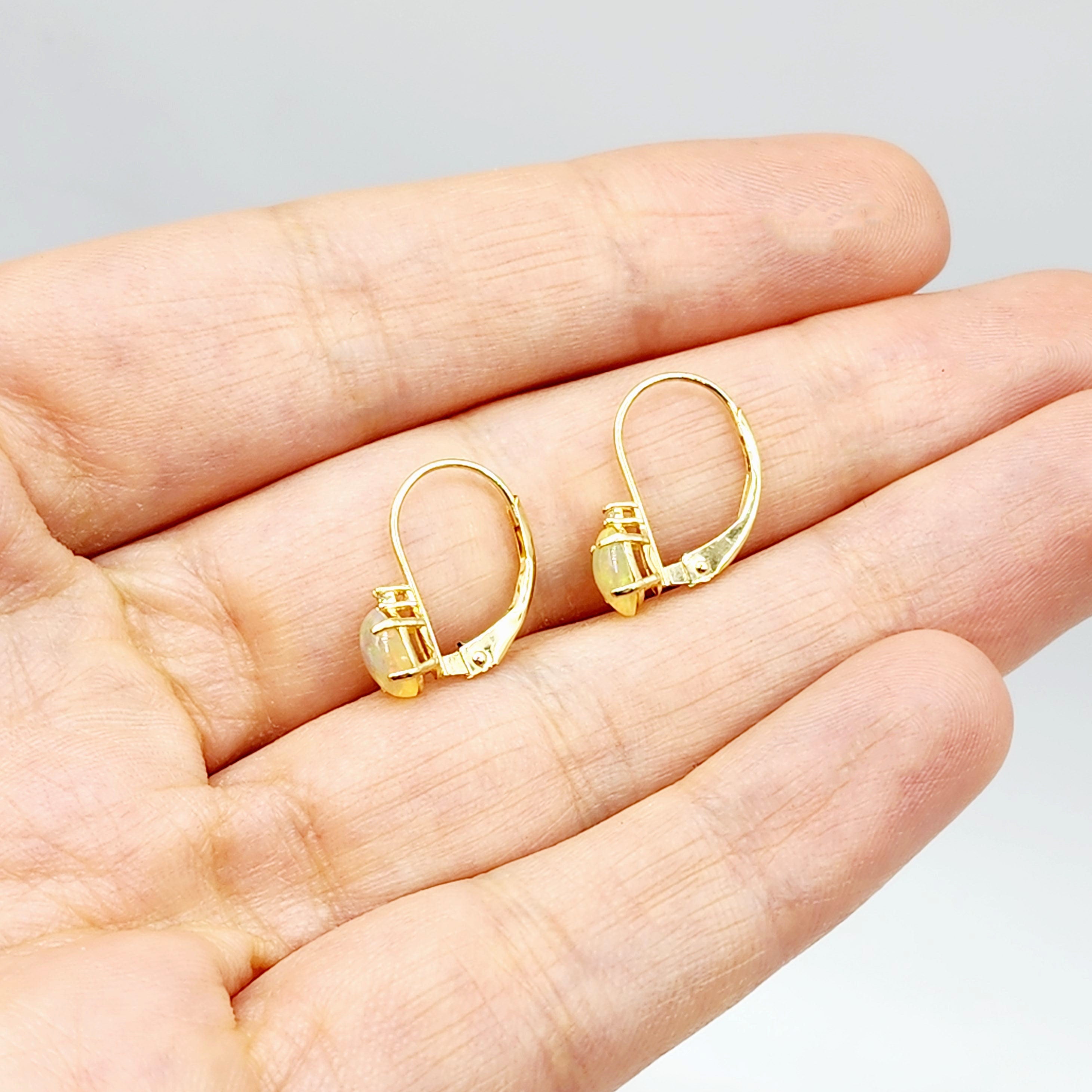 14K Yellow Gold Lever back Ethiopian Opal Earrings, Gold Earrings with Genuine Gemstone 6x4mm and Diamonds, Birthstone Gift for Her