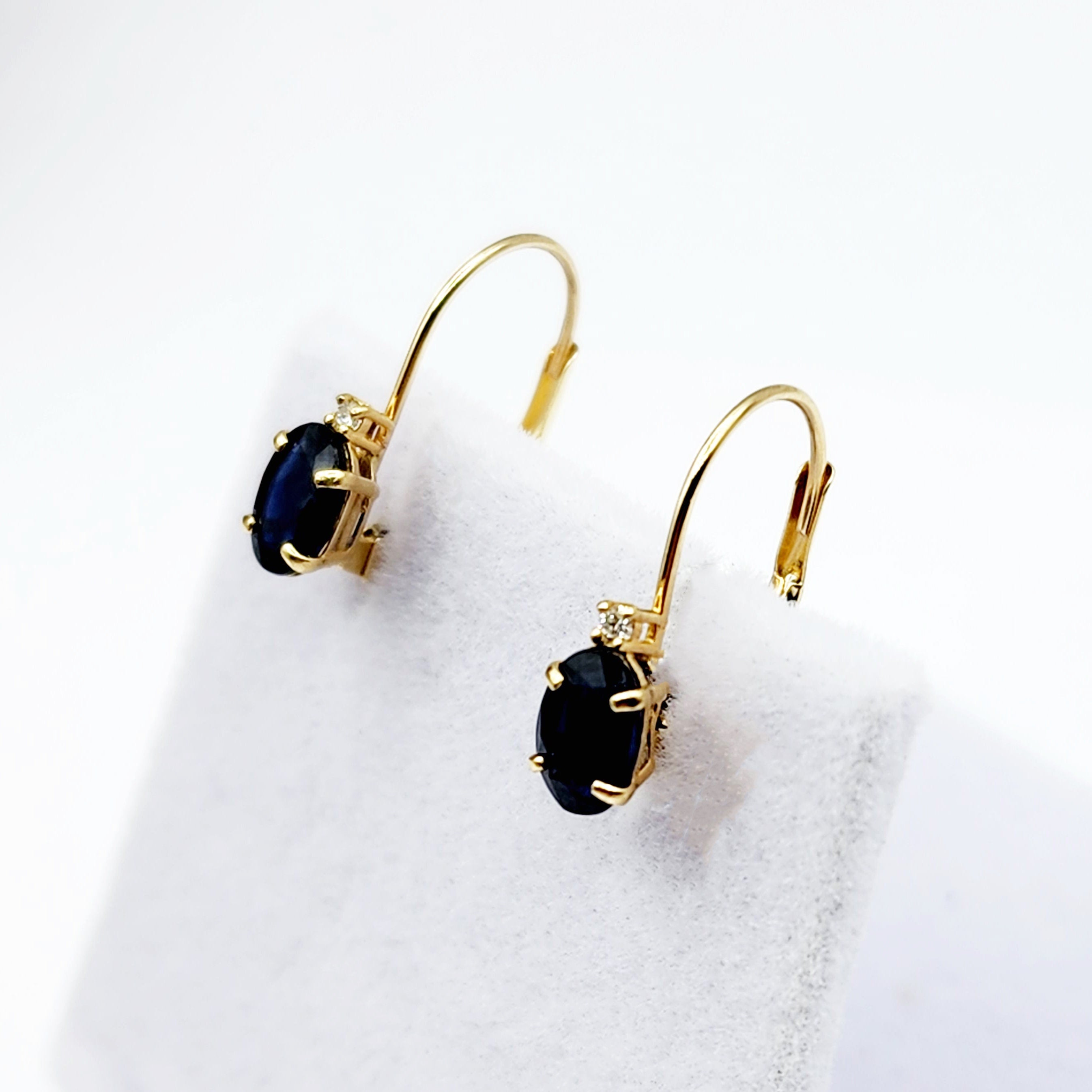 14K Yellow Gold Lever back Blue Sapphire Earrings, Gold Earrings with Genuine Gemstone 6x4mm and Diamonds, September Birthstone Gift for Her