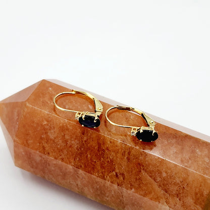 14K Yellow Gold Lever back Blue Sapphire Earrings, Gold Earrings with Genuine Gemstone 6x4mm and Diamonds, September Birthstone Gift for Her