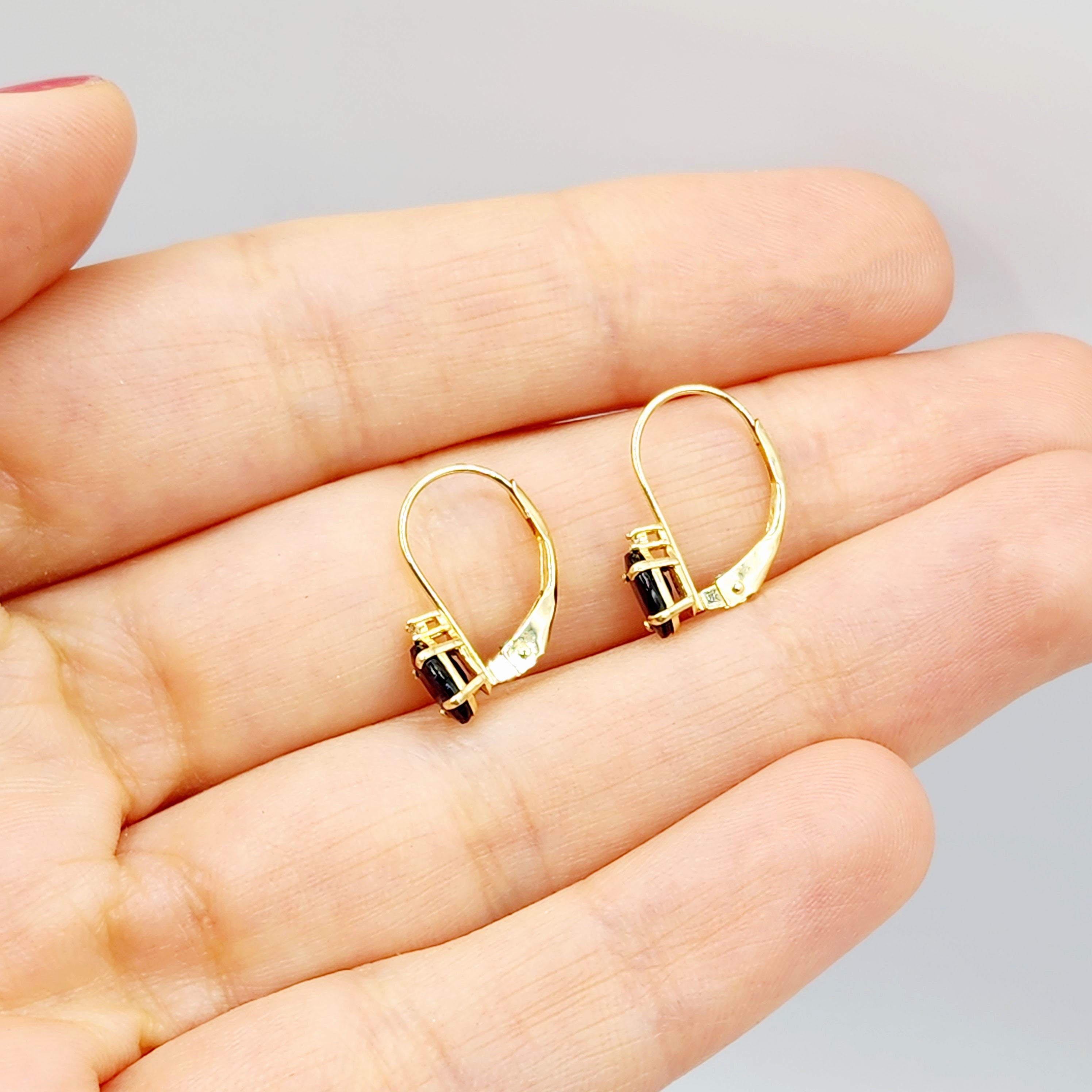 14K Yellow Gold Lever back Blue Sapphire Earrings, Gold Earrings with Genuine Gemstone 6x4mm and Diamonds, September Birthstone Gift for Her