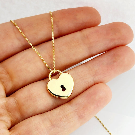 10K Yellow Gold Heart Lock Pendant, Modern Gold Jewelry, Stylish Gift, Heart Pendant, Dainty lock Necklace, Valentines Gift, Birthday Gift