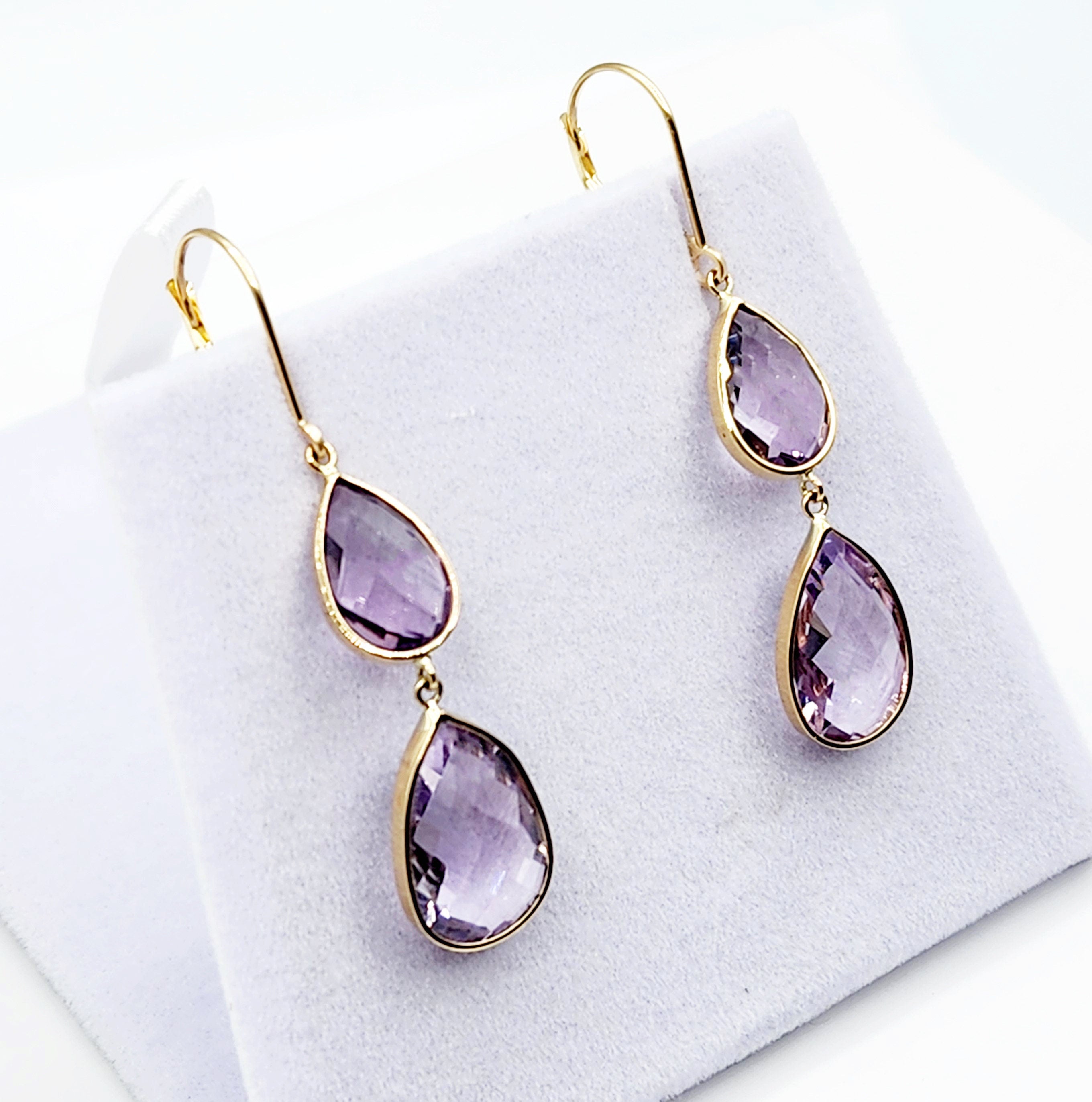 14K Yellow Gold Amethyst  Lever Back Drop Earrings, Dainty Dangle & Drop Earrings for Women, Big Natural Genuine Gemstone Earrings for Her