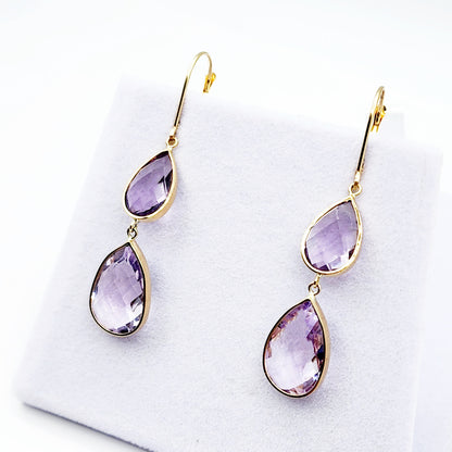 14K Yellow Gold Amethyst  Lever Back Drop Earrings, Dainty Dangle & Drop Earrings for Women, Big Natural Genuine Gemstone Earrings for Her
