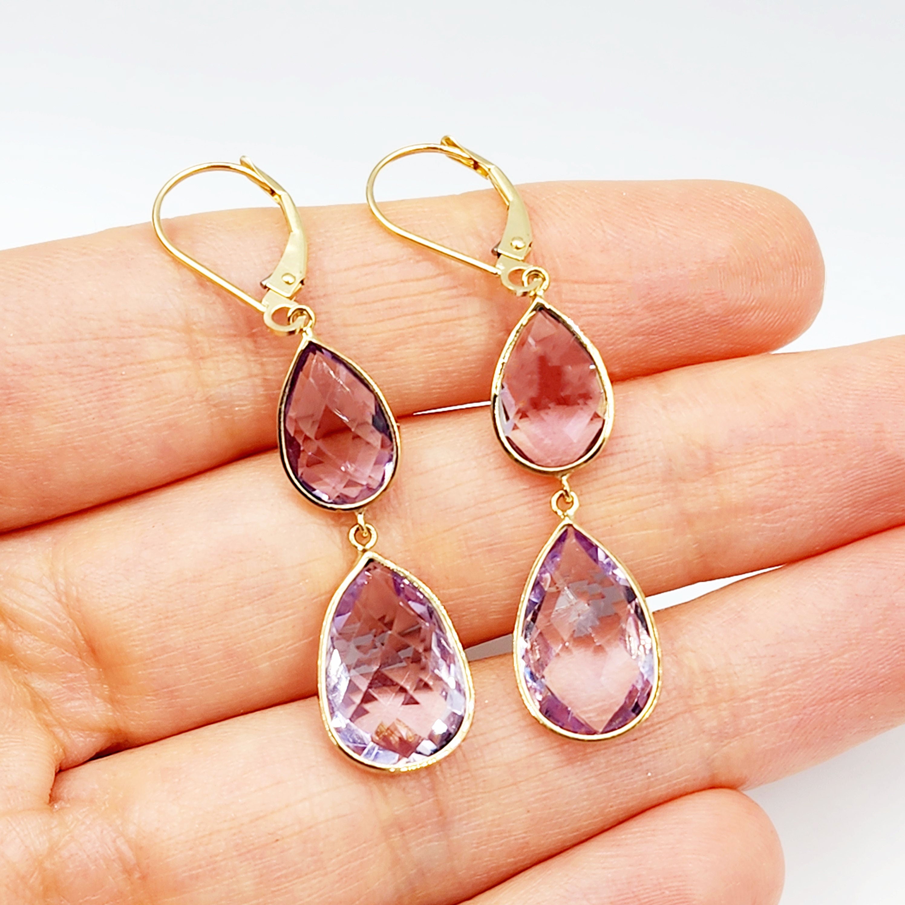 14K Yellow Gold Amethyst  Lever Back Drop Earrings, Dainty Dangle & Drop Earrings for Women, Big Natural Genuine Gemstone Earrings for Her