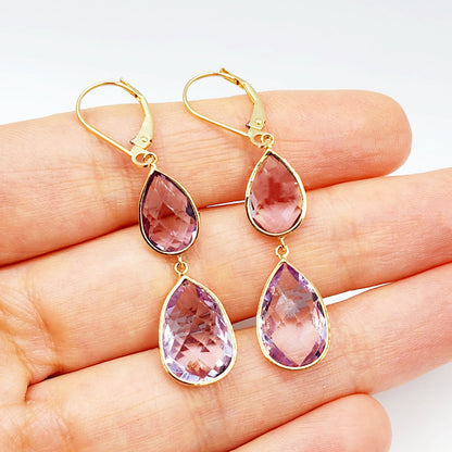 14K Yellow Gold Amethyst  Lever Back Drop Earrings, Dainty Dangle & Drop Earrings for Women, Big Natural Genuine Gemstone Earrings for Her