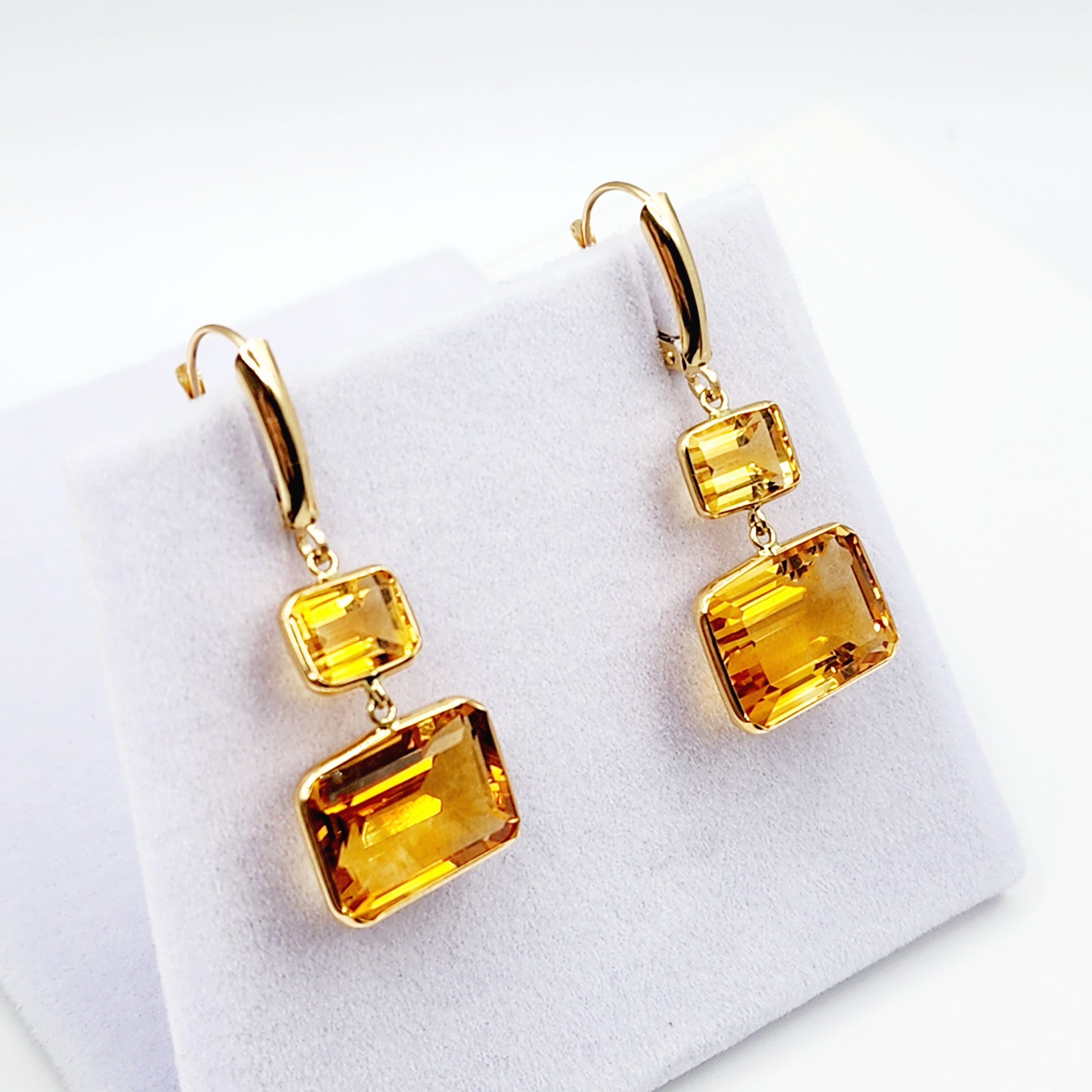 14K Yellow Gold Natural Citrine Lever Back Drop Earrings, Luxury Dangle & Drop Earrings for Women, Big Natural Genuine Gemstone Earrings